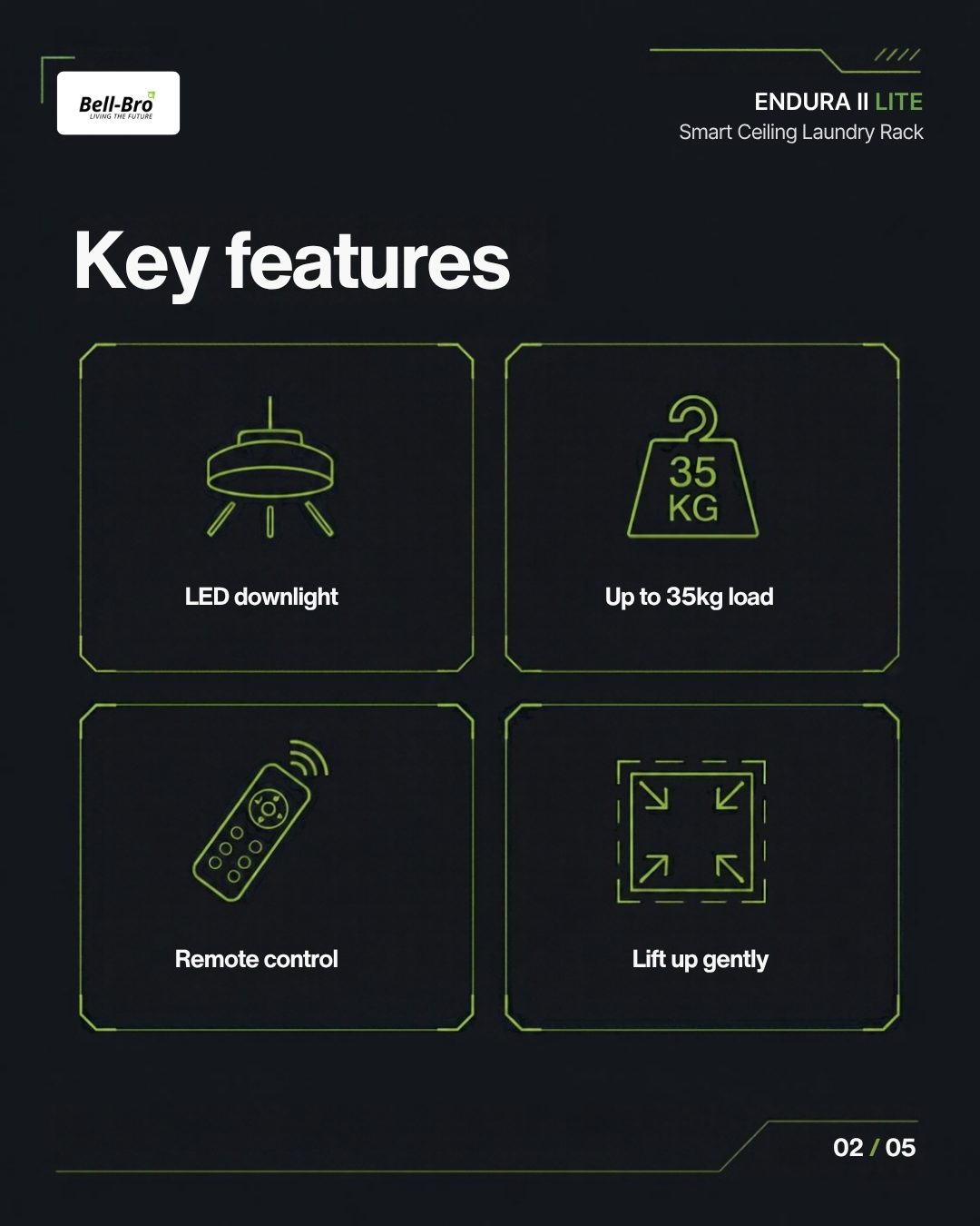 Endura II Lite key features: LED downlight, 35 kg load, remote control and gentle lift