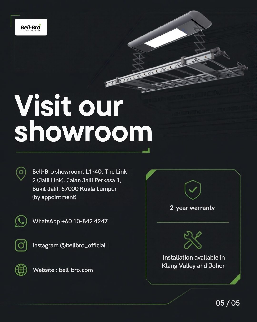 Visit the Bellbro showroom in Bukit Jalil to see the Endura II Lite smart laundry rack